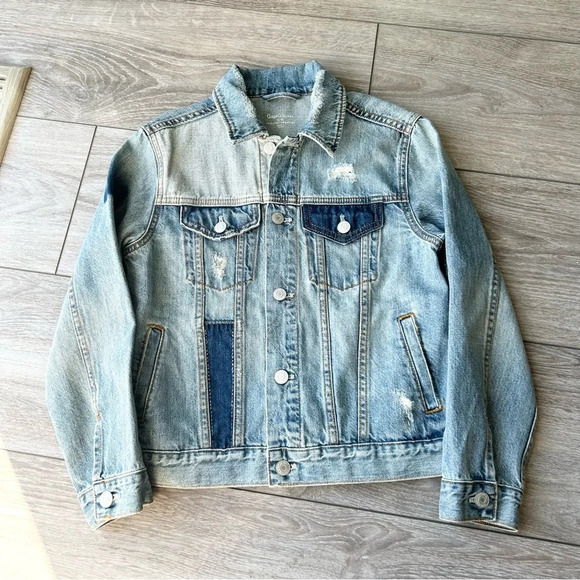 Kids Gap Asymmetrical Patchwork Distressed Jean Trucker Jacket - Picture 3 of 14